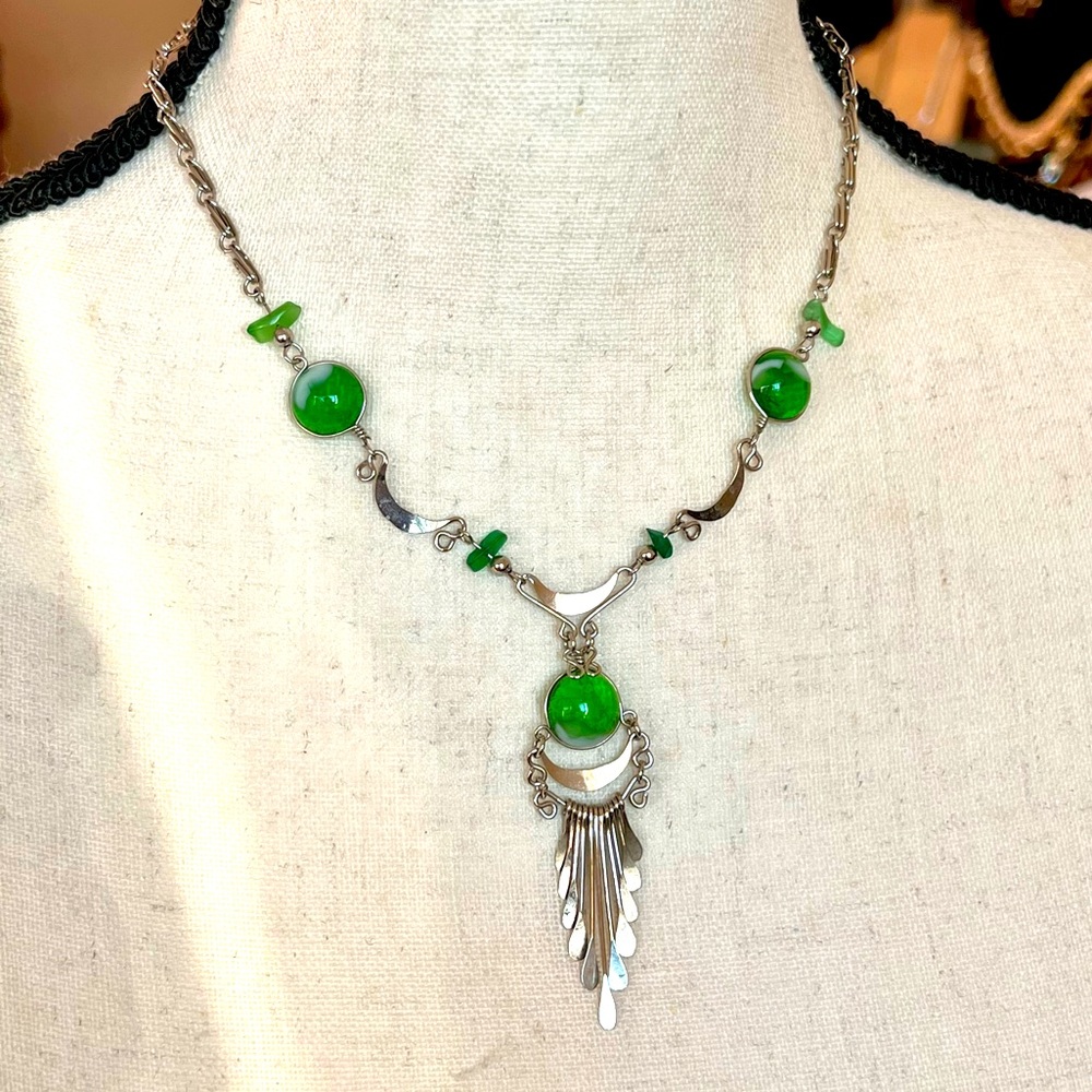 Vintage .925 Artisan Green Glass Necklace